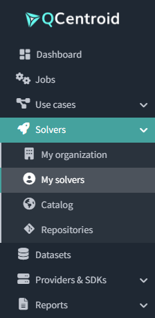 My solvers section in the sidebar menu